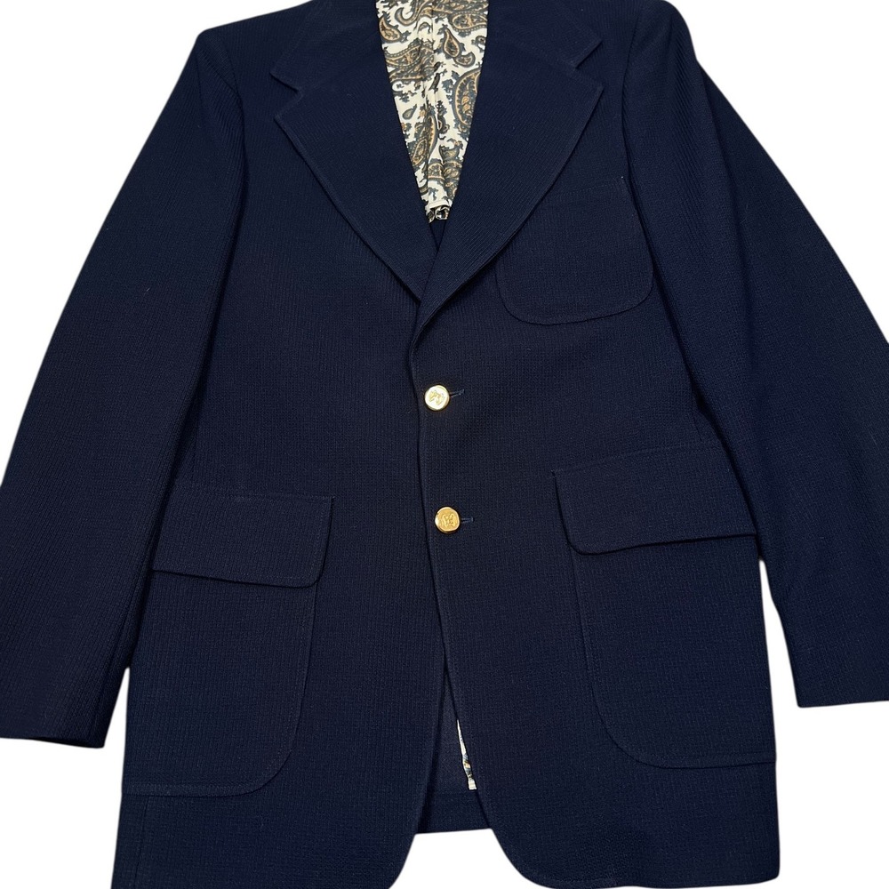 1960s McGregor Blazer Jacket Mens 42L Navy Blue Gold Buttons Paisley Lining USA - Picture 2 of 8
